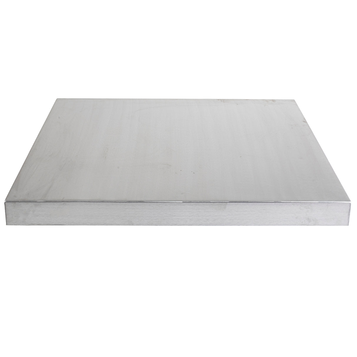 A rectangular, flat metal sheet with a smooth, reflective silver surface and clean, sharp edges, lying horizontally against a white background. This aluminum table cover appears thick and sturdy.