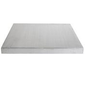 A rectangular, flat metal sheet with a smooth, reflective silver surface and clean, sharp edges, lying horizontally against a white background. This aluminum table cover appears thick and sturdy.
