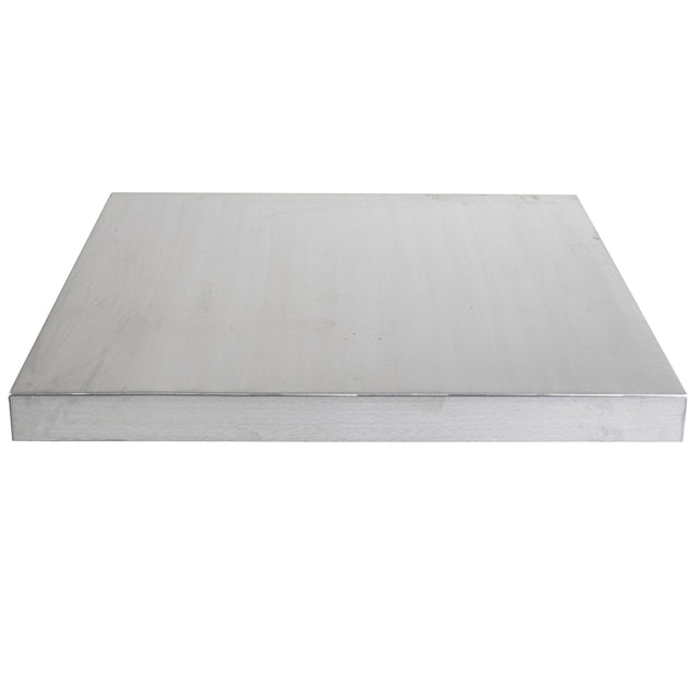 A rectangular, flat metal sheet with a smooth, reflective silver surface and clean, sharp edges, lying horizontally against a white background. This aluminum table cover appears thick and sturdy.