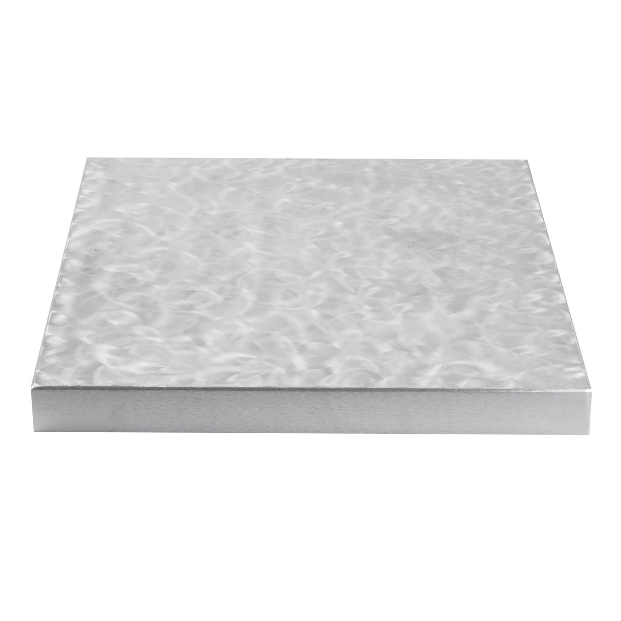 A 36 x 36 aluminum tabletop cover by TableCraft with a brushed, swirled texture, viewed from a low angle against a white background. The clean, sharp edges and silvery finish subtly reflect light.