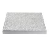 A 36 x 36 aluminum tabletop cover by TableCraft with a brushed, swirled texture, viewed from a low angle against a white background. The clean, sharp edges and silvery finish subtly reflect light.