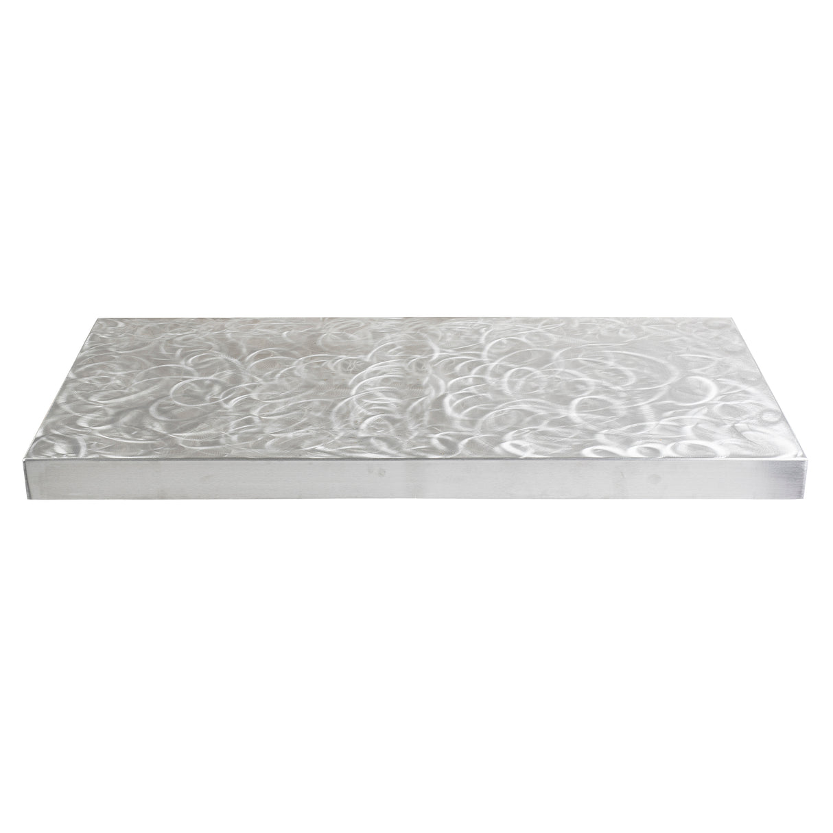 A rectangular floating shelf made of brushed aluminum features a swirling, circular pattern etched across the surface. The shelf is viewed from the front against a plain white background.