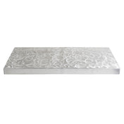 A rectangular floating shelf made of brushed aluminum features a swirling, circular pattern etched across the surface. The shelf is viewed from the front against a plain white background.