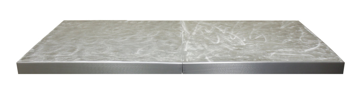 A rectangular, aluminum platform with a brushed, swirled texture on its surface, divided into two equal sections by a central seam, shown on a plain white background.