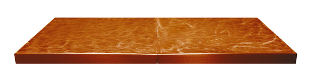 Two rectangular blocks with a glossy, marbled amber or brown surface are placed side by side, resembling a single, smooth aluminum table cover or 6' table cover on a white background, separated by a visible seam in the middle.