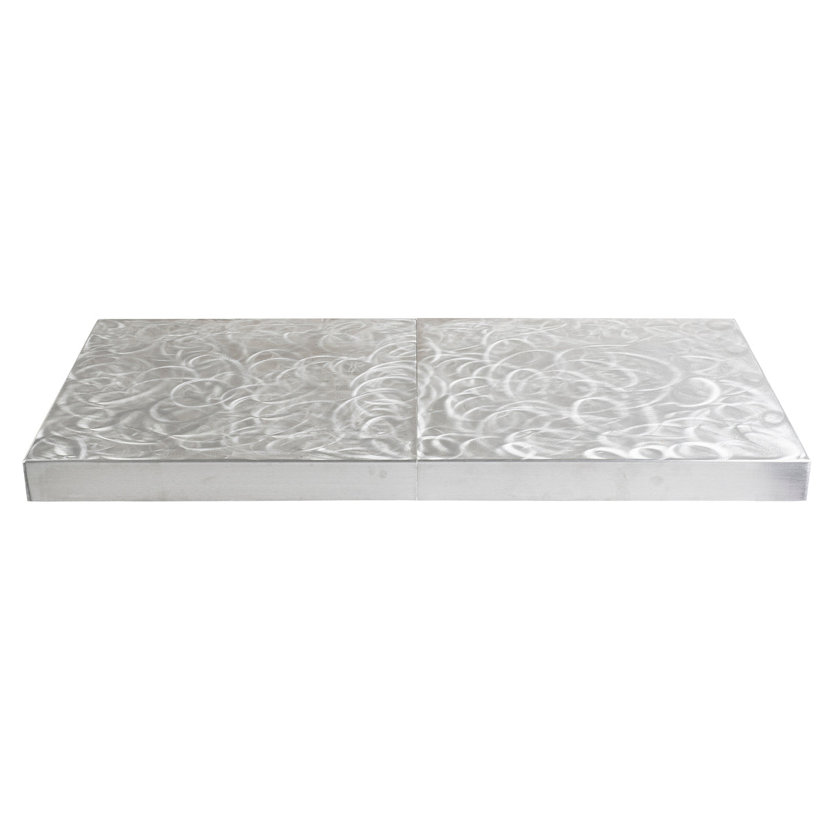 A rectangular aluminum platform with a brushed, swirled pattern on its shiny silver surface, split into two equal sections by a central vertical seam. Perfect as a sleek table cover for a 6' table, it's viewed from the front against a white background.