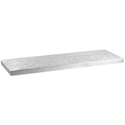 A rectangular metal shelf with a brushed, swirled texture on the surface resembles a modern aluminum table cover. The shiny, reflective silver finish and smooth, straight edges add to its sleek, industrial design. Isolated on a white background.