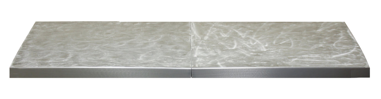 A rectangular slab with a shiny, marbled, semi-transparent surface in shades of white and light gray, divided into two sections. The bottom edges feature an aluminum trim. The background is plain and white.
