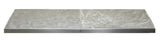 A rectangular slab with a shiny, marbled, semi-transparent surface in shades of white and light gray, divided into two sections. The bottom edges feature an aluminum trim. The background is plain and white.