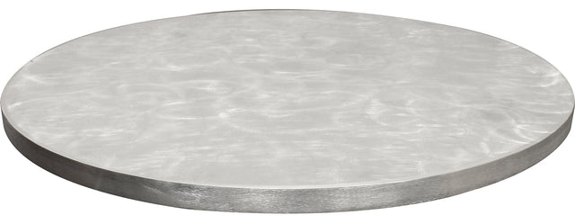 A round, flat 24 inch aluminum disk with a smooth, silvery surface featuring swirling, brushed patterns. This thick tabletop cover has a clean, reflective edge for a polished, industrial appearance against a plain white background.