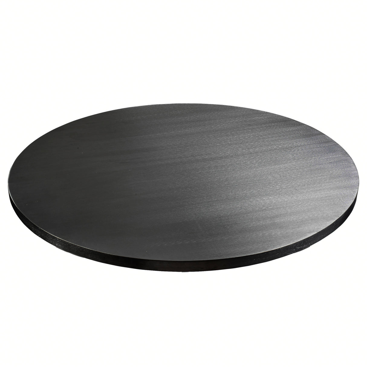 A smooth, flat, round, black metal disc lies on a white background. With its slight reflective sheen and subtle texture, this TableCraft aluminum table cover has fine lines and a thin profile, showcasing a sleek and simple circular shape.