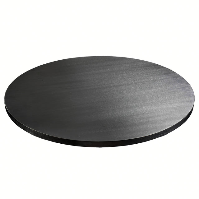 A smooth, flat, round, black metal disc lies on a white background. With its slight reflective sheen and subtle texture, this TableCraft aluminum table cover has fine lines and a thin profile, showcasing a sleek and simple circular shape.