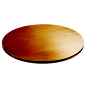 A round, flat wooden board with a smooth surface and natural wood grain is shown against a white background. The lighting creates a gradient of warm brown tones across the board, making it an ideal tabletop cover for any setting.