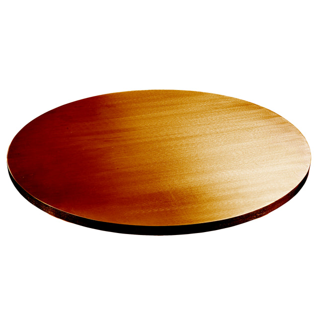 A round, flat wooden board with a smooth surface and natural wood grain is shown against a white background. The lighting creates a gradient of warm brown tones across the board, making it an ideal tabletop cover for any setting.