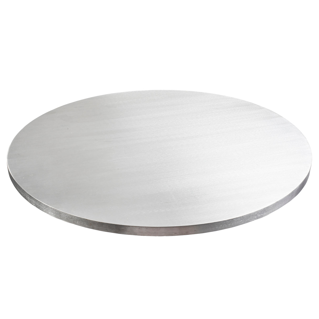 A round, flat, silver metal disc resembling a sleek TableCraft aluminum round table cover is displayed on a white background. The reflective tabletop cover has a smooth surface and thin edge with subtle light reflections.