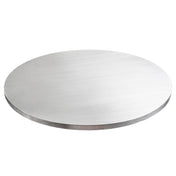 A round, flat, silver metal disc resembling a sleek TableCraft aluminum round table cover is displayed on a white background. The reflective tabletop cover has a smooth surface and thin edge with subtle light reflections.