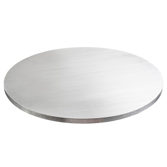 A round, flat, silver metal disc resembling a sleek TableCraft aluminum round table cover is displayed on a white background. The reflective tabletop cover has a smooth surface and thin edge with subtle light reflections.