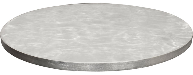 A round, flat aluminum metal disk with a smooth top surface featuring a subtle, circular brushed pattern—ideal as an aluminum round table cover. The edge is slightly raised and metallic, creating a modern, industrial look against the plain white background.