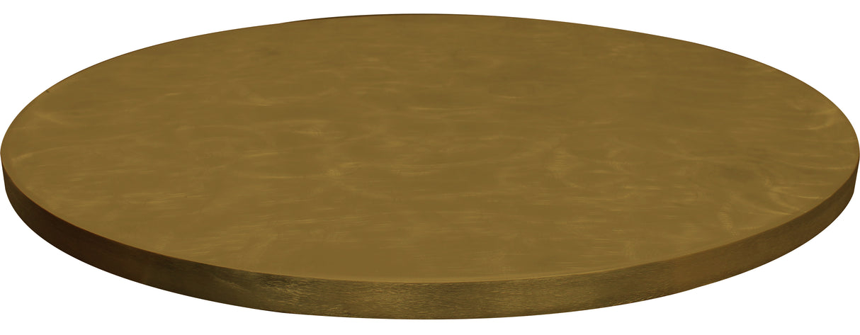 A flat, round, metallic disk with a brushed gold finish and subtle circular patterns serves as an elegant aluminum table cover. Its reflective sheen and slightly rounded edges stand out against the plain white background as it lies horizontally.