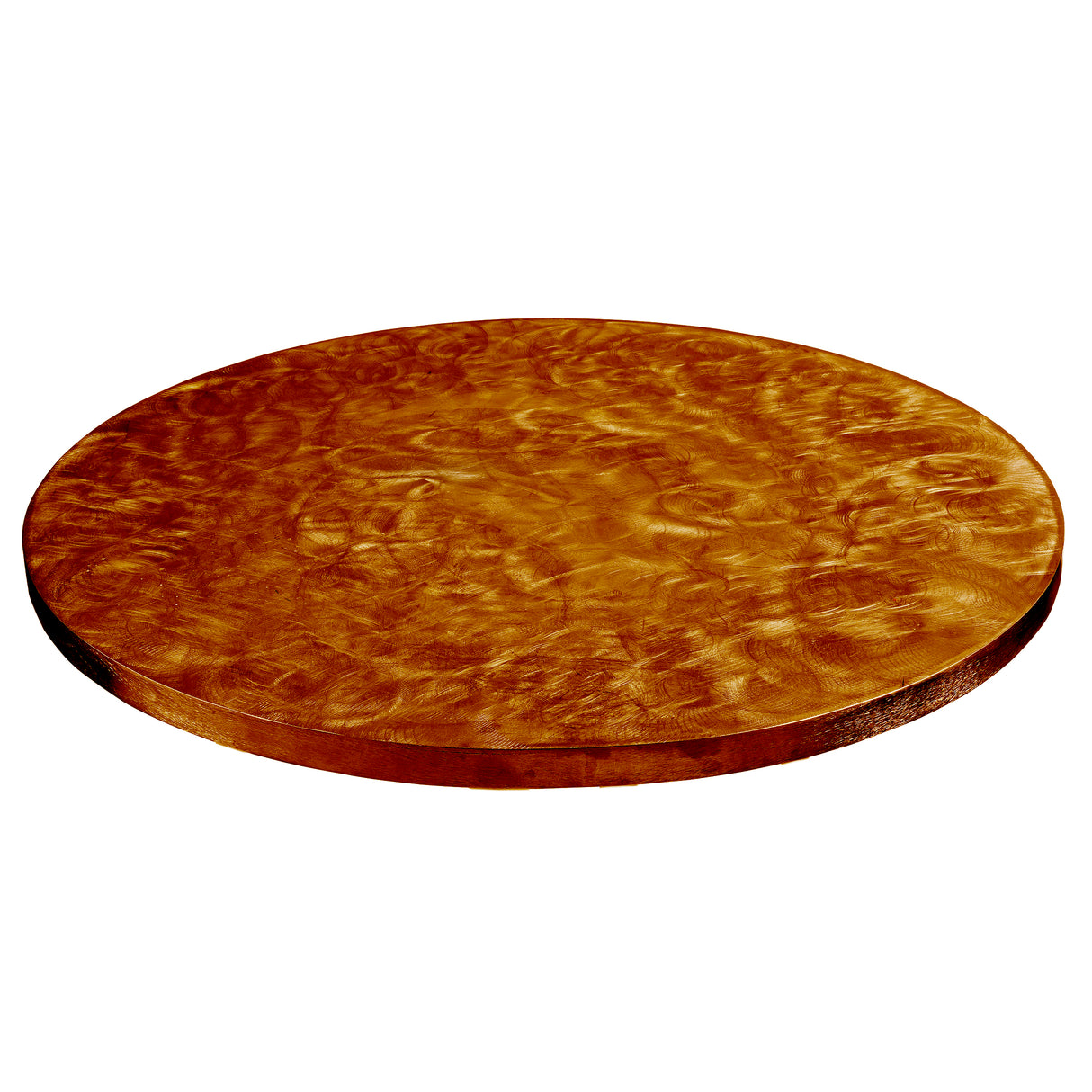 A round, flat, wooden tabletop with a glossy, reddish-brown finish and a swirling, wavy grain pattern appears as if protected by a translucent copper coating. Its smooth, polished surface floats against a completely white background.