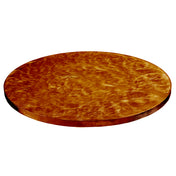 A round, flat, wooden tabletop with a glossy, reddish-brown finish and a swirling, wavy grain pattern appears as if protected by a translucent copper coating. Its smooth, polished surface floats against a completely white background.