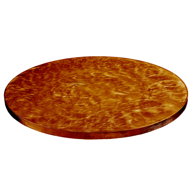 A round, flat, wooden tabletop with a glossy, reddish-brown finish and a swirling, wavy grain pattern appears as if protected by a translucent copper coating. Its smooth, polished surface floats against a completely white background.