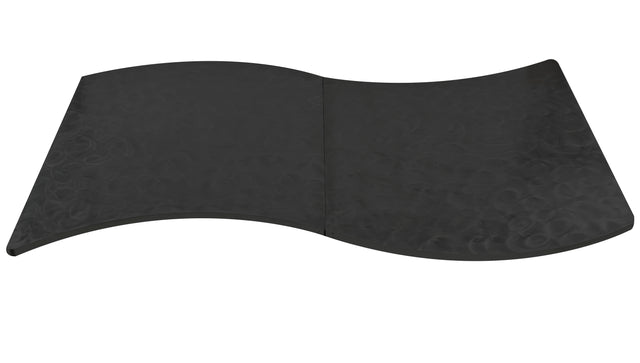 A large, black, wavy-edged rectangular aluminum table cover with a subtle swirl pattern covers the surface. The center shows a slight crease, making it appear gently bent or folded—a sleek and modern design perfect for a 6' serpentine table.