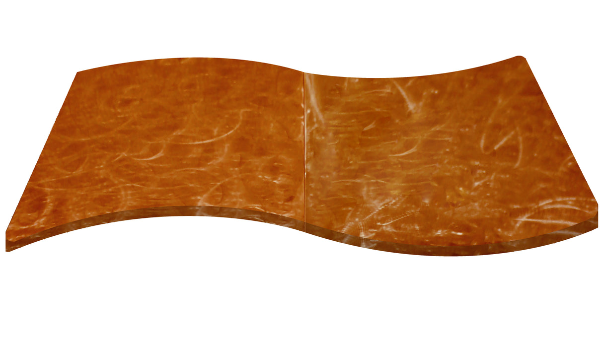 A wavy, rectangular, amber-colored surface with a glossy finish and subtle marbled patterns resembles a copper table cover or resin table cover, placed on a plain white background.