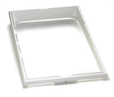 A rectangular white plastic frame with rounded inner edges and a slightly raised border, designed as a cold holding riser, viewed at an angle on a plain white background.