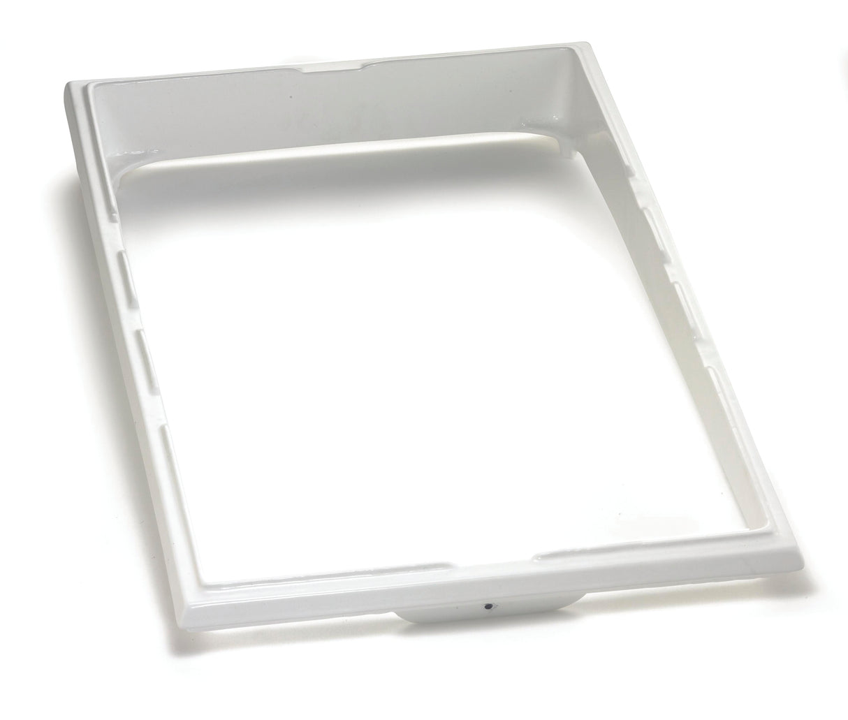 A white, rectangular plastic frame with rounded edges and a smooth surface, photographed on a white background. NSF dishwasher safe, this hollow frame features slightly raised sides, suggesting it may be part of an appliance or container lid.