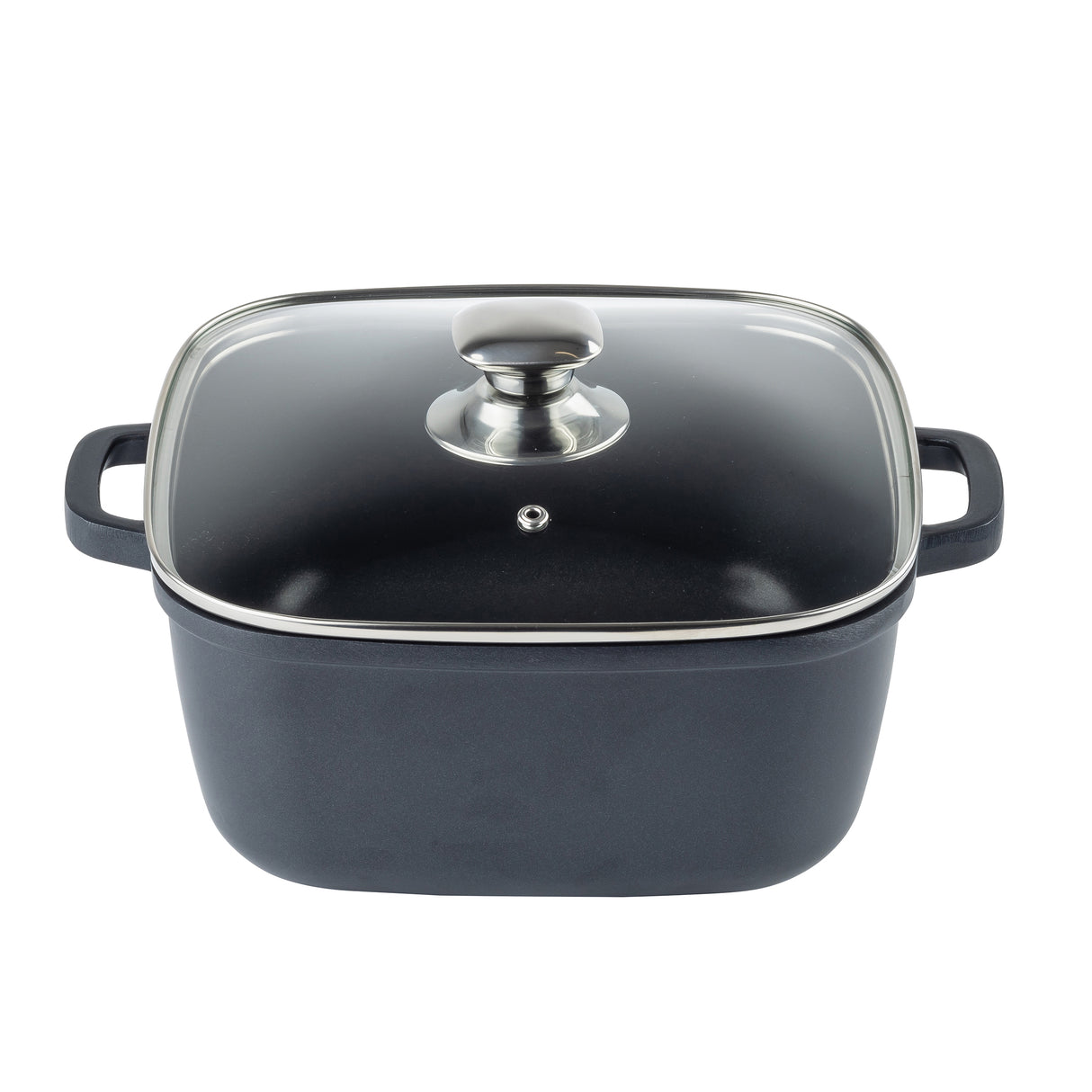 A square black induction sauce pan made of die-cast aluminum with two side handles and a transparent glass lid. The non-stick pot features a round, silver metal knob handle and a small steam vent, set against a plain white background.