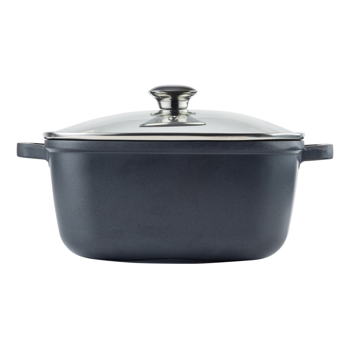 A dark gray, rectangular die-cast aluminum casserole dish with short handles on each side and a clear glass lid featuring a metallic knob handle, shown on a white background. Suitable as an induction sauce pan for versatile cooking.