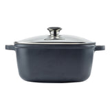 A dark gray, rectangular die-cast aluminum casserole dish with short handles on each side and a clear glass lid featuring a metallic knob handle, shown on a white background. Suitable as an induction sauce pan for versatile cooking.