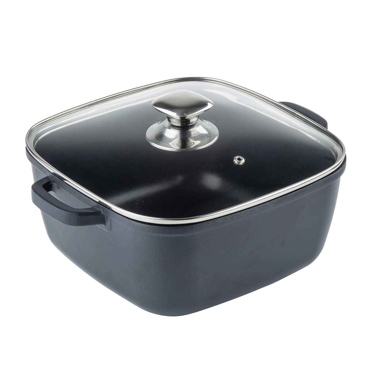 A square black die-cast aluminum cooking pot with two side handles and a clear glass lid featuring a metal handle and small steam vent, perfect as an induction sauce pan. Shown against a plain white background.