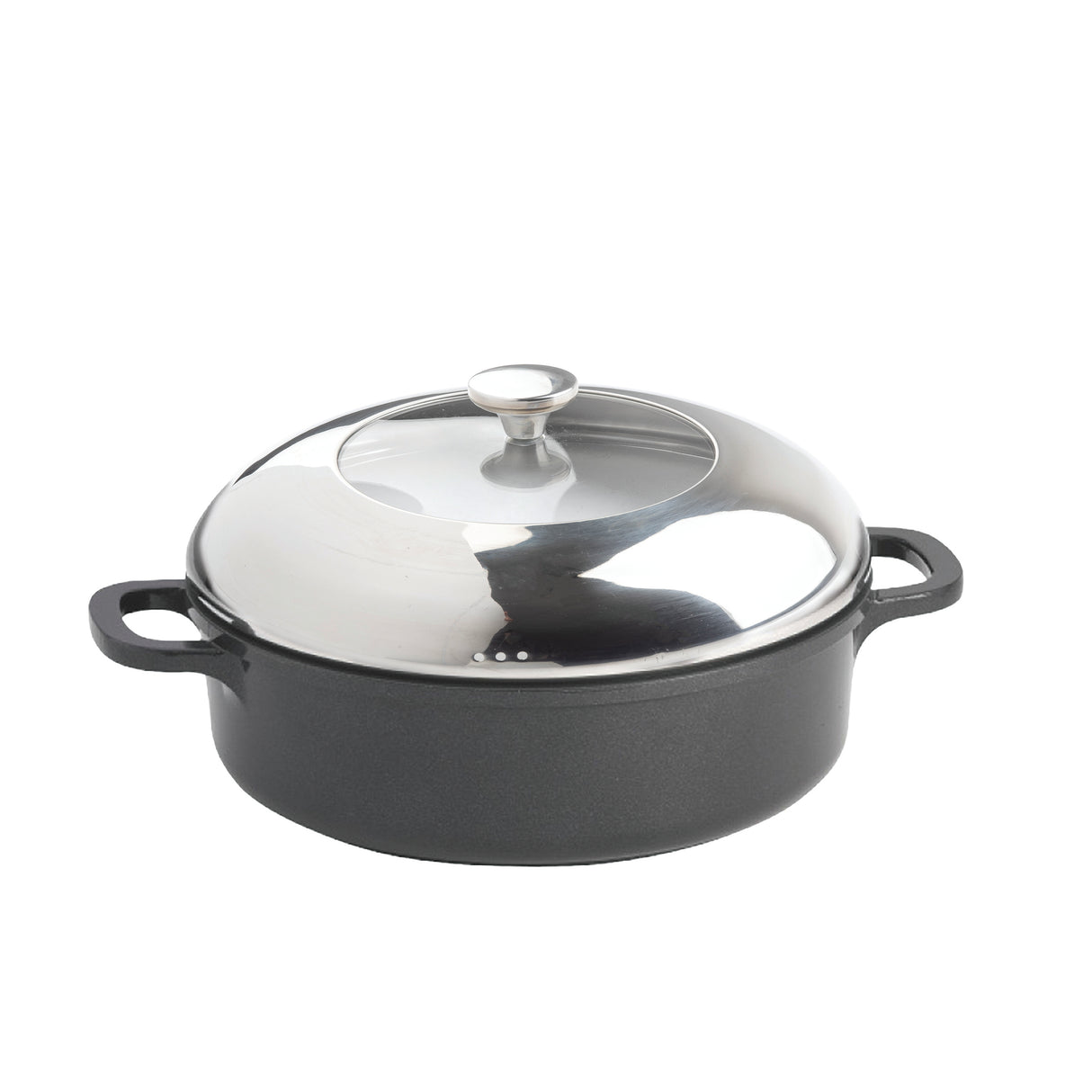A black cast iron Dutch oven casserole dish with two side handles and a shiny, reflective stainless steel lid with a round knob handle, shown on a white background.