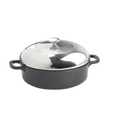 A black cast iron Dutch oven casserole dish with two side handles and a shiny, reflective stainless steel lid with a round knob handle, shown on a white background.