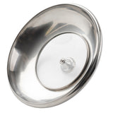 A shiny, stainless steel pot lid with a central knob handle is shown at an angle. Its reflective surface reveals the smooth, curved edge, making it ideal for a casserole dish and highlighting its simple, functional design.