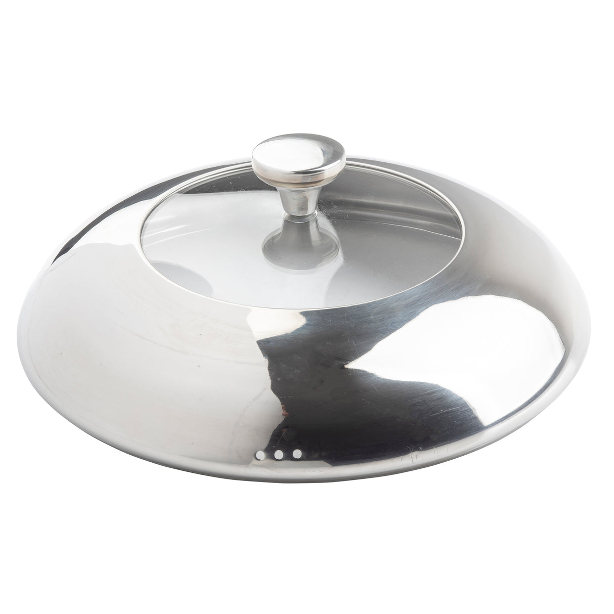 A shiny, round stainless steel pot lid with a central handle sits atop a die-cast aluminum casserole dish. Its highly reflective surface shows light and shadow, while three small steam holes near the rim complement its gently curved edges.