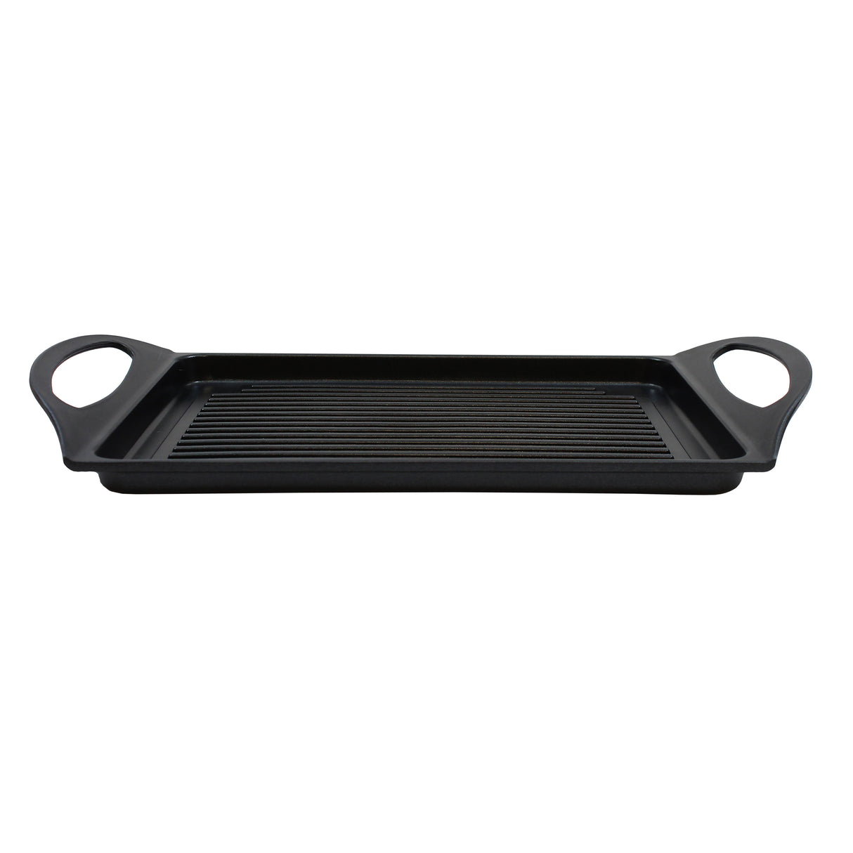 A black rectangular induction grill pan made from die-cast aluminum, featuring raised ridges and two wide, rounded handles on each side, shown against a plain white background.