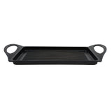A black rectangular induction grill pan made from die-cast aluminum, featuring raised ridges and two wide, rounded handles on each side, shown against a plain white background.