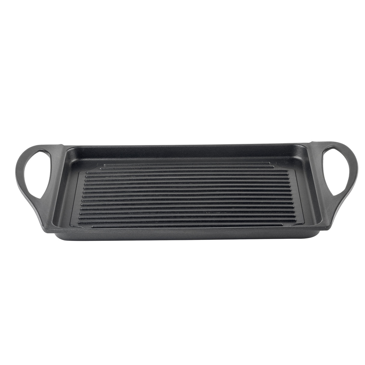 A rectangular black induction grill pan with raised ridges and two large handles on each side, placed against a white background. The die-cast aluminum pan has straight edges and a flat base designed for grilling food indoors.