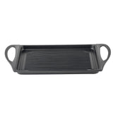 A rectangular black induction grill pan with raised ridges and two large handles on each side, placed against a white background. The die-cast aluminum pan has straight edges and a flat base designed for grilling food indoors.