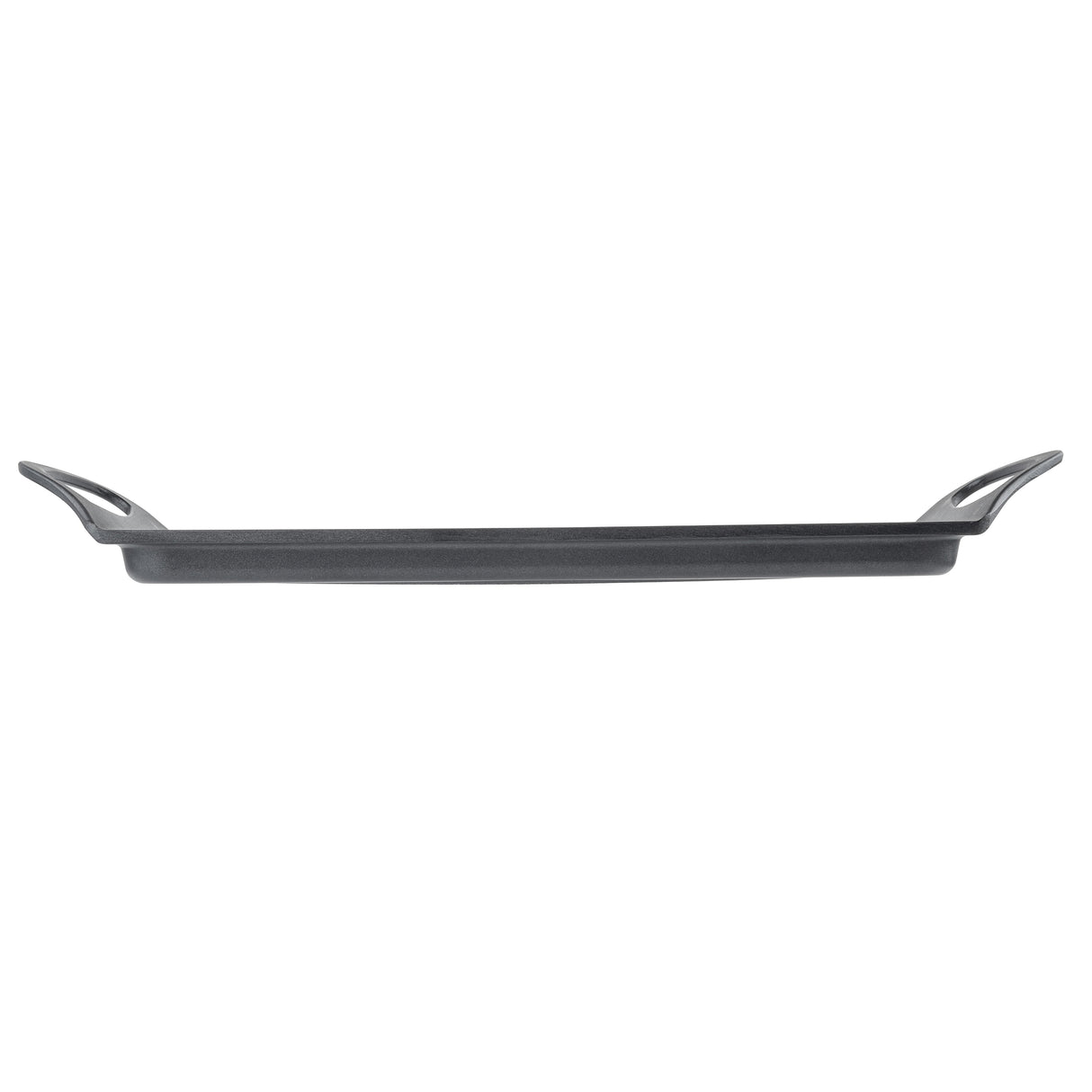 A flat, rectangular non-stick griddle is shown in profile against a white background. The griddle has slightly raised edges and two curved handles on opposite ends, both angled upward. The overall appearance is sleek and minimalist.
