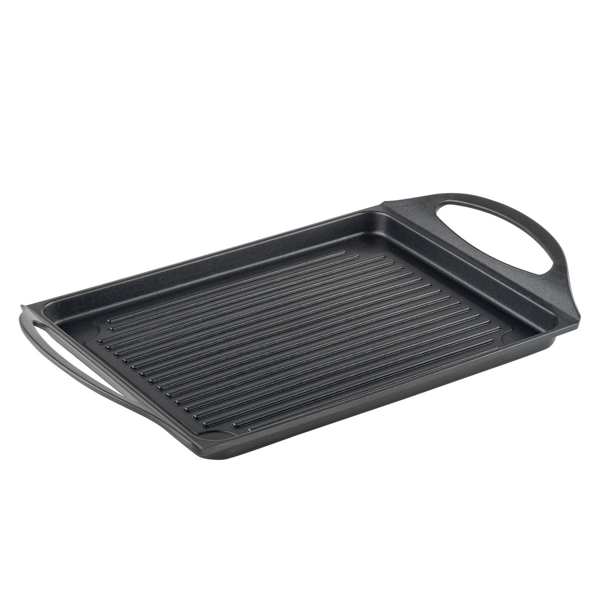 A rectangular, black non-stick Induction Grill Pan with raised ridges and two wide, curved handles on each end. The pan is angled slightly, highlighting the depth and grilling texture against a plain white background.