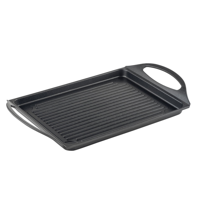 A rectangular, black non-stick Induction Grill Pan with raised ridges and two wide, curved handles on each end. The pan is angled slightly, highlighting the depth and grilling texture against a plain white background.