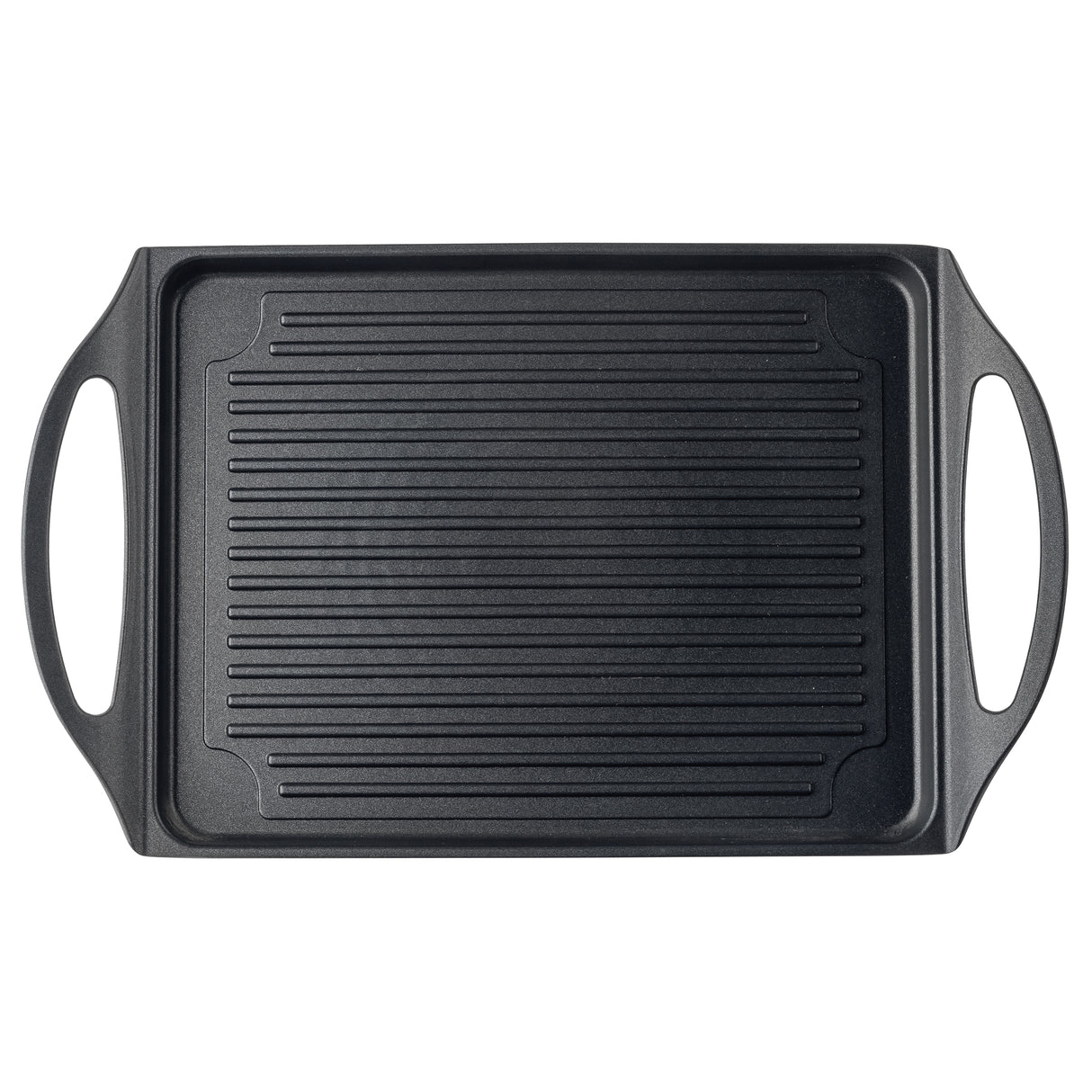 A rectangular black induction grill pan with two wide handles on the sides. Made from die-cast aluminum, its non-stick surface features parallel raised ridges for grilling. The pan is shown from above on a white background.