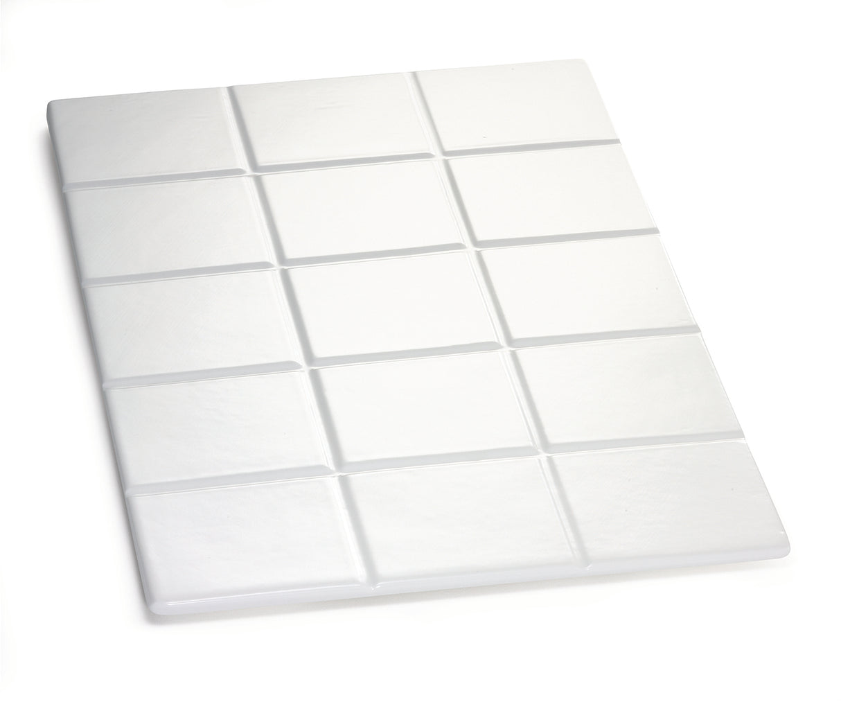 A white, rectangular object resembling a chocolate bar with 15 raised, square segments is shown on a white background. Made from Duracoat coated cast aluminum, it features a smooth surface and is dishwasher safe.
