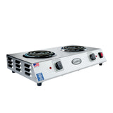This portable double hot plate features stainless steel housing, two coil heating elements with individual control knobs, indicator lights, a central Cadco logo, side vents, a power switch, small legs for stability, and certification stickers.