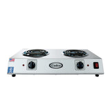 A portable double hot plate with stainless steel housing, this Cadco electric countertop burner features two coil heating elements, two control knobs, a red power switch, indicator lights, the Cadco logo, and a small American flag sticker on the front left.