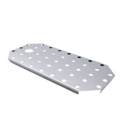 A rectangular stainless steel plate with beveled corners, a brushed finish, and multiple evenly spaced circular holes of varying sizes—ideal as a false bottom for a 1/3 size steam pan. The flat plate features straight edges and angled cuts at the ends.